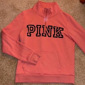Pink Brand Quarter Zip Hoodie - Size S - Color: Coral, Salmon, Black Lettering